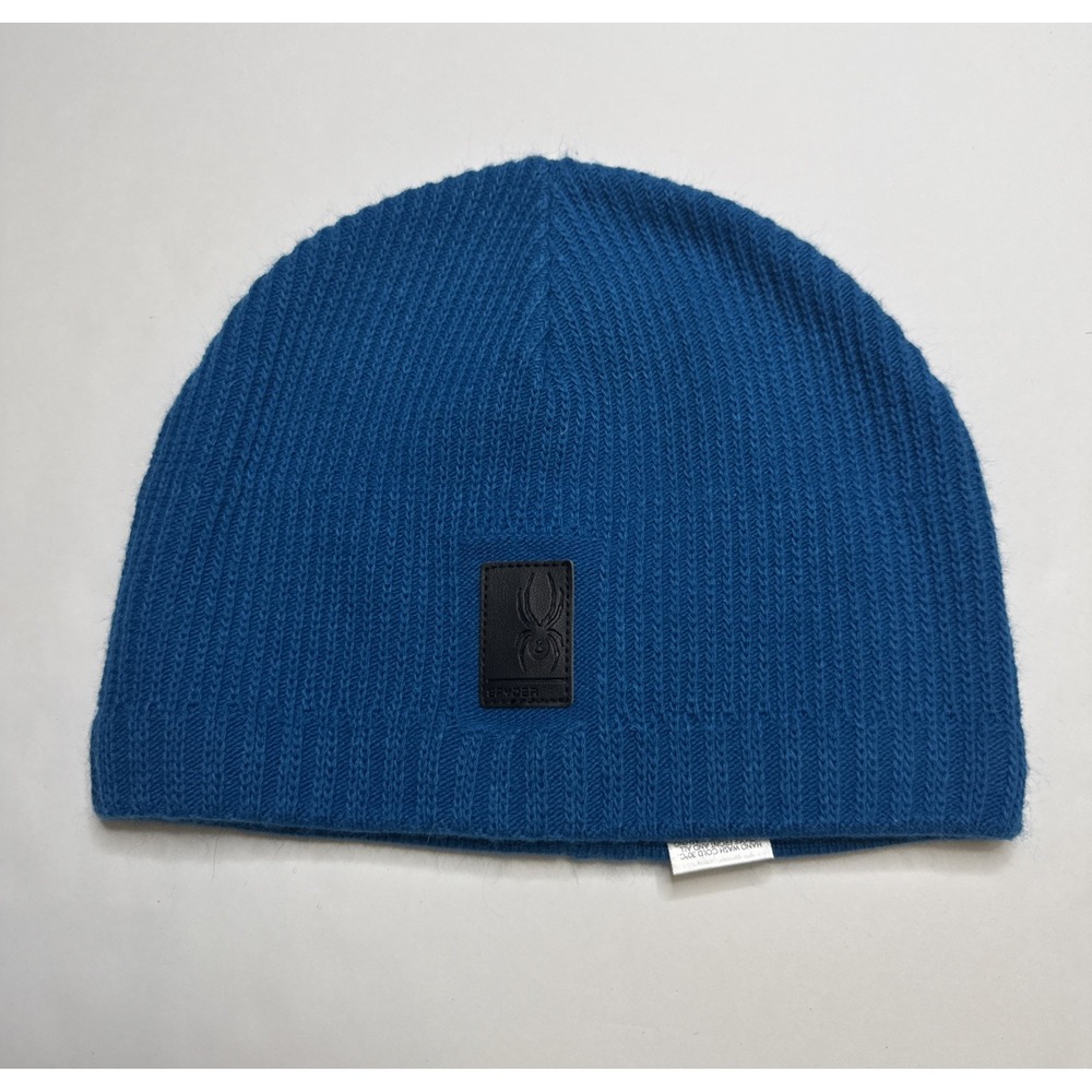 Spyder Blue Ribbed Knit Fleece Lined Beanie Hat Logo Patch 156312 One Size